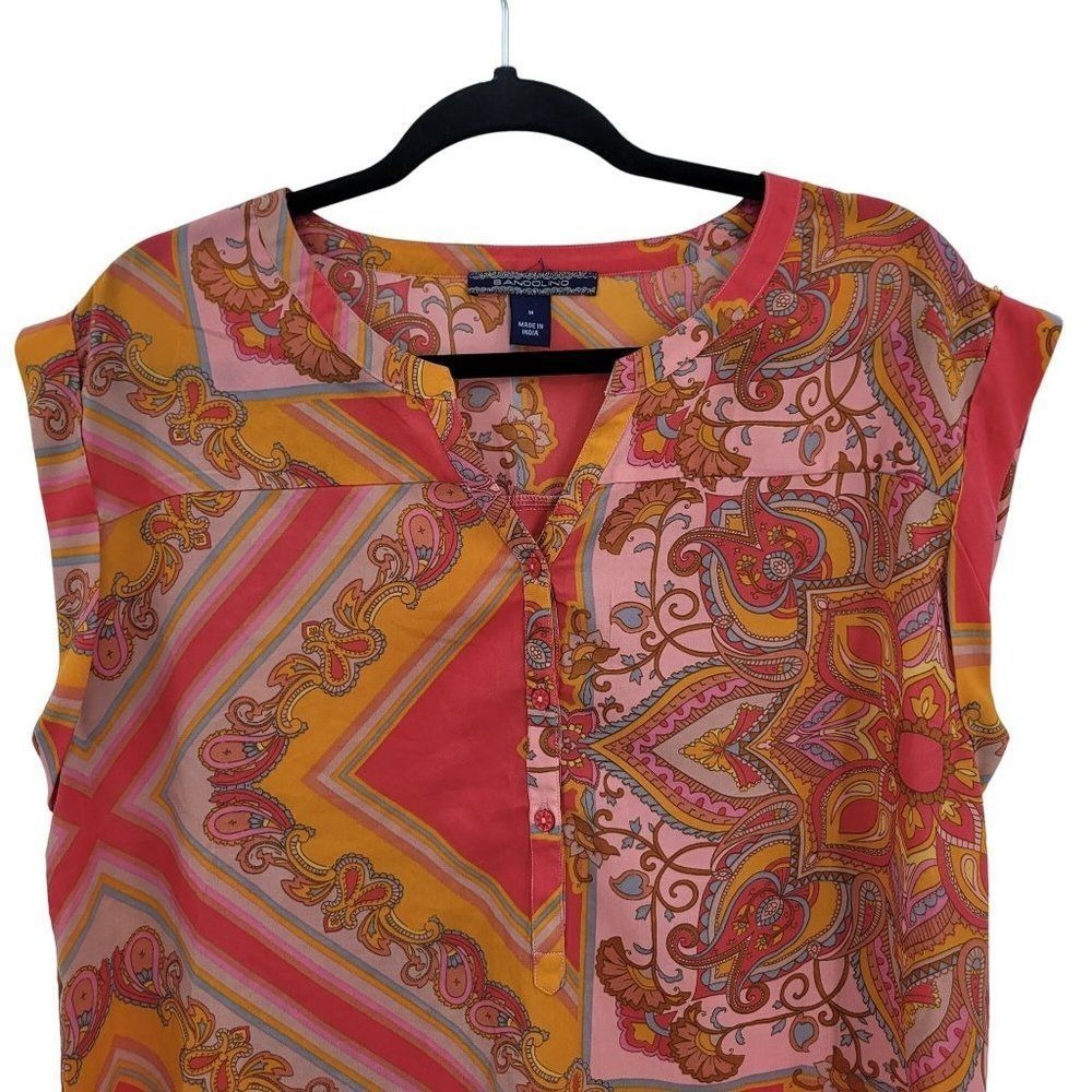 Bandolino Boho Paisley Patchwork Scarf Print Blouse Top Sz M Pink Gypsy - Picture 8 of 15
